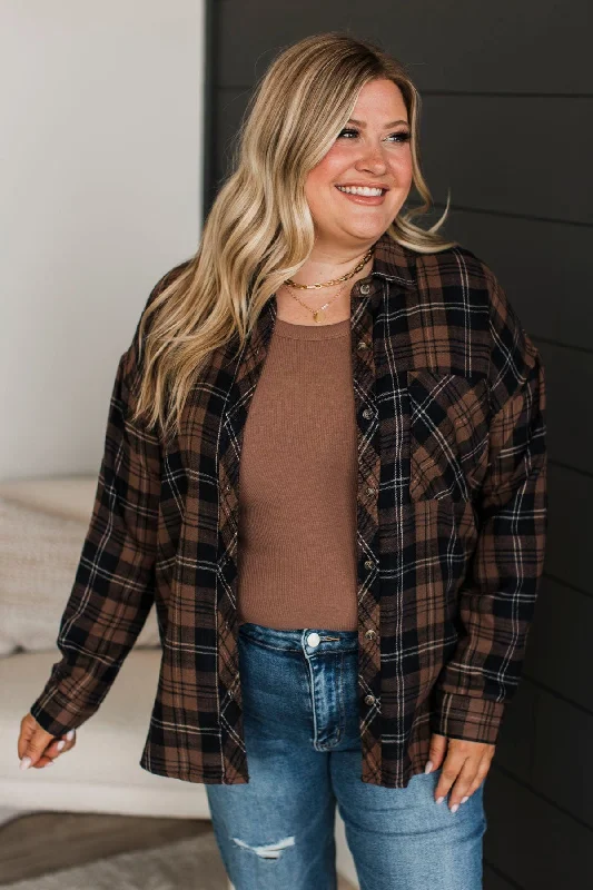 Perfect Times Plaid Button Top- Brown