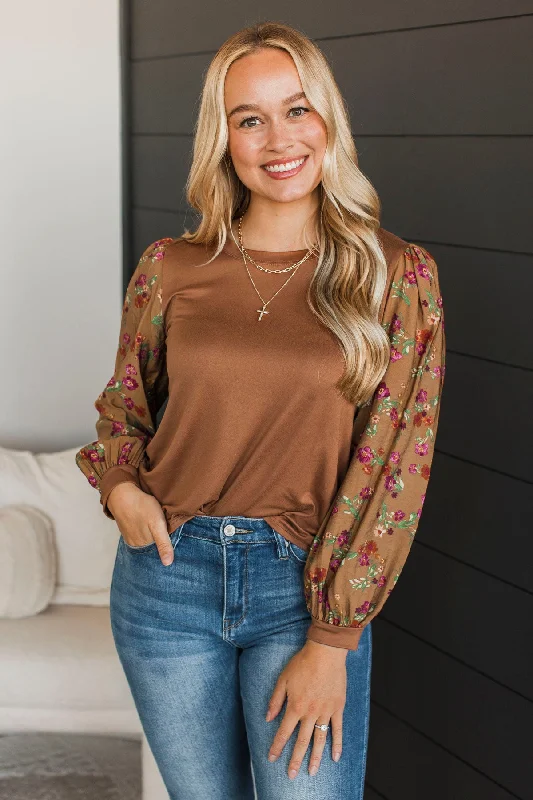 Turning Point Floral Sleeve Top- Caramel