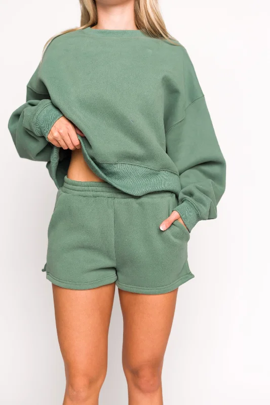 Comfy Cozy High Waisted Sweat Shorts in Pine