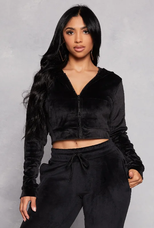 Velour Cropped Zip Front Hoodie