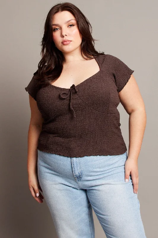 Brown Textured Top Short Sleeve