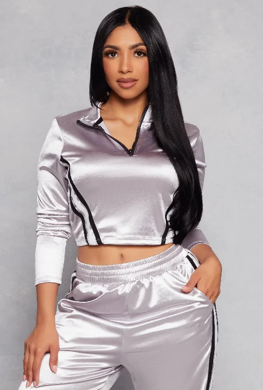 Varsity Stripe Detail Zip Neck Crop Top