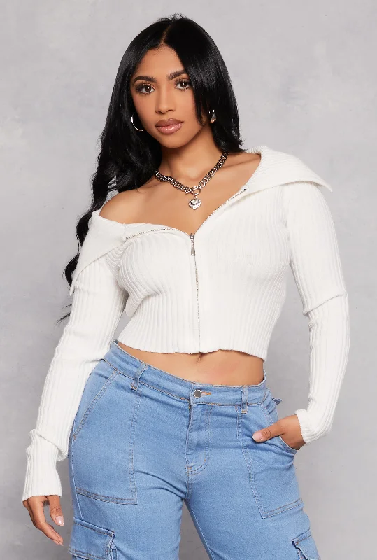 Madden Girl Ribbed Zip Front Off The Shoulder Top