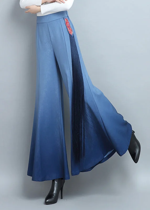 Blue Elastic Waist Cotton Wide Leg Pants Tasseled Spring