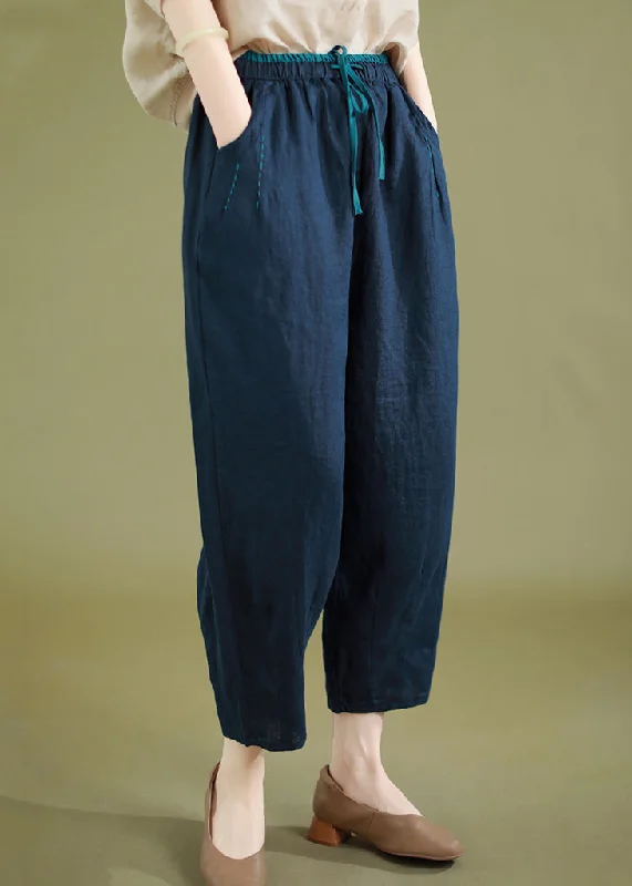 New Navy Lace Up Pockets Elastic Waist Linen Crop Pants