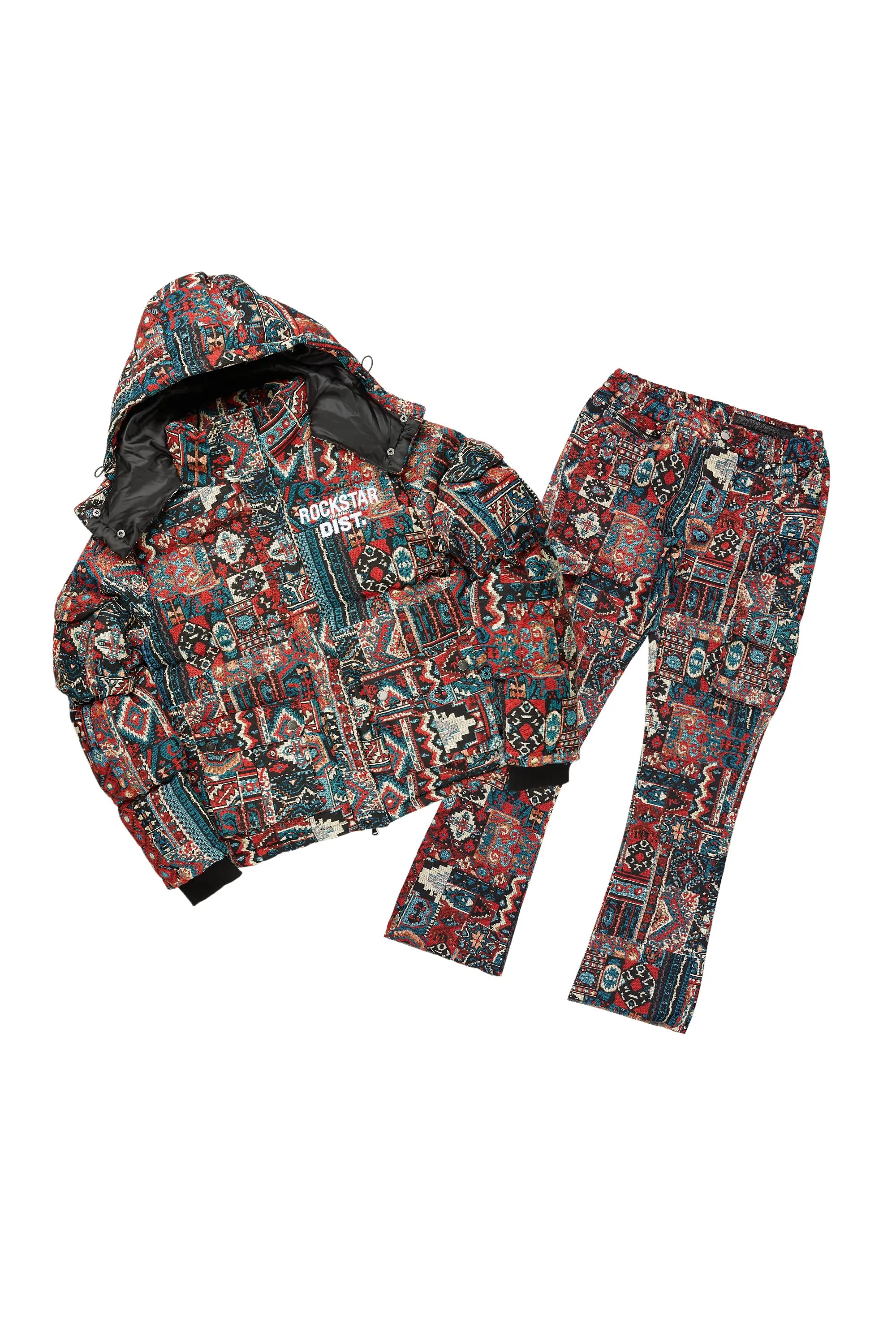 Boys Nard Red Multi Tapestry Puffer Jacket/Flare Jean Set