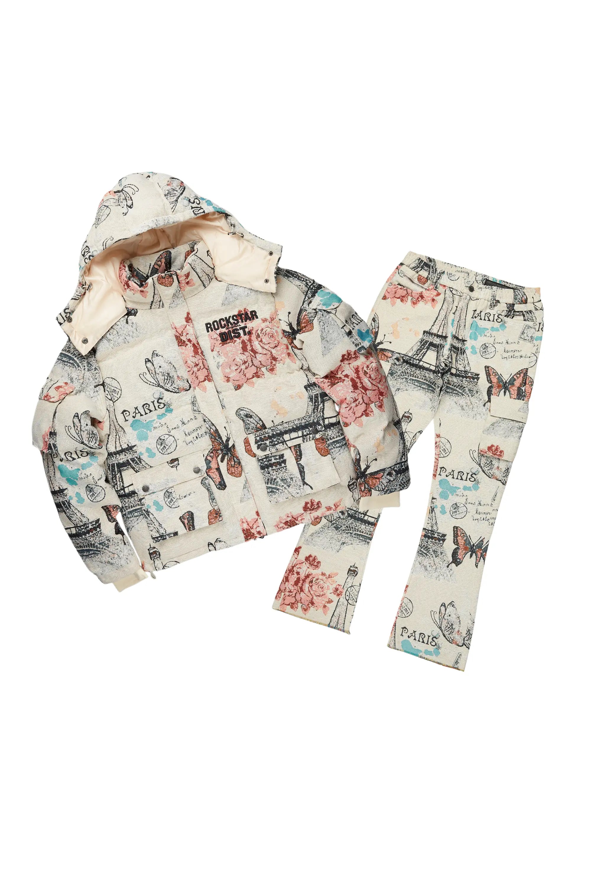 Girls Lamia Beige Multi Tapestry Puffer Jacket/Flare Jean Set