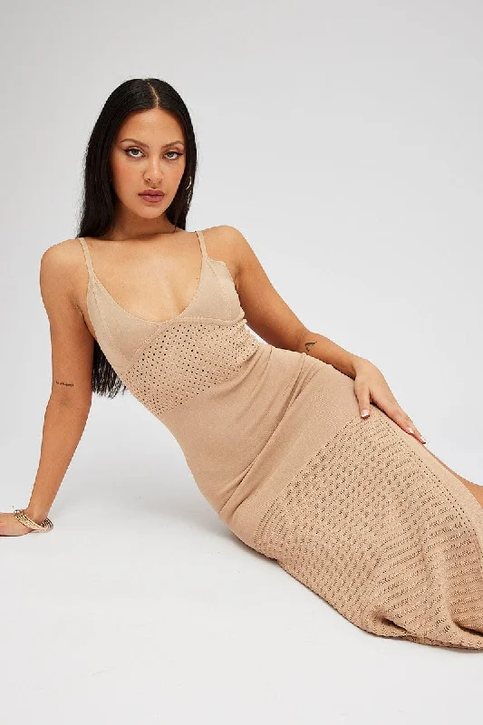 Beige Knit Dress Sleeveless V Neck Midi Mixed Crochet