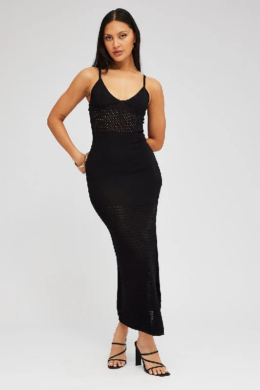 Black Knit Dress Sleeveless V Neck Midi Mixed Crochet