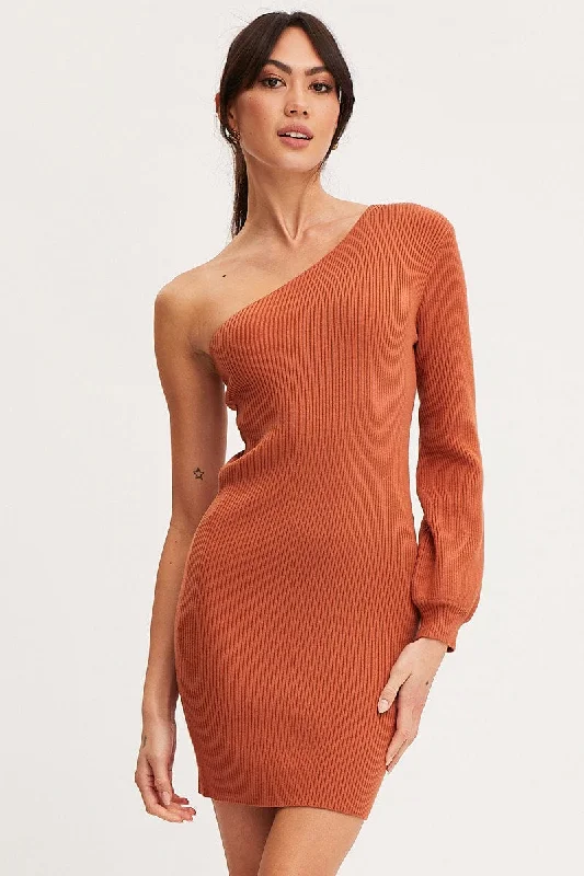 Brown Dress One Shoulder Mini Knit