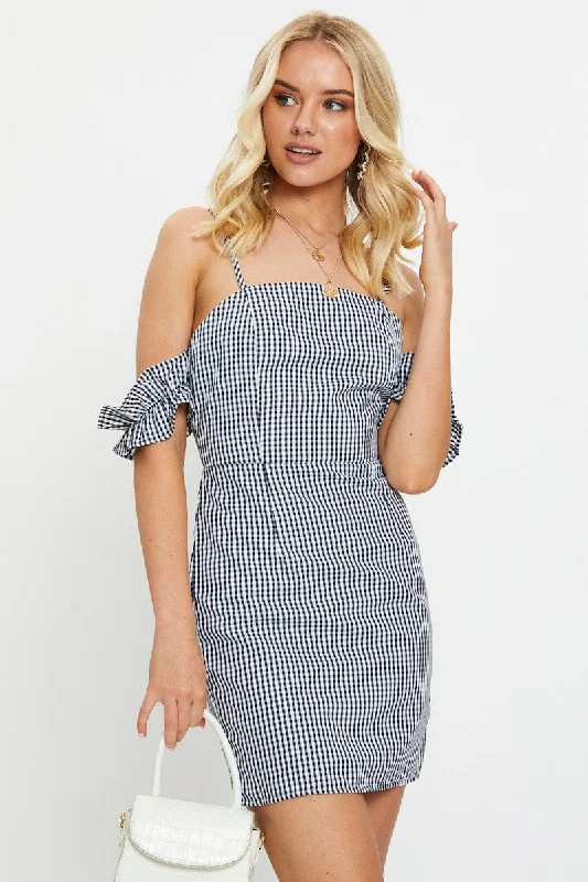 Check Gingham Off Shoulder Mini Dress