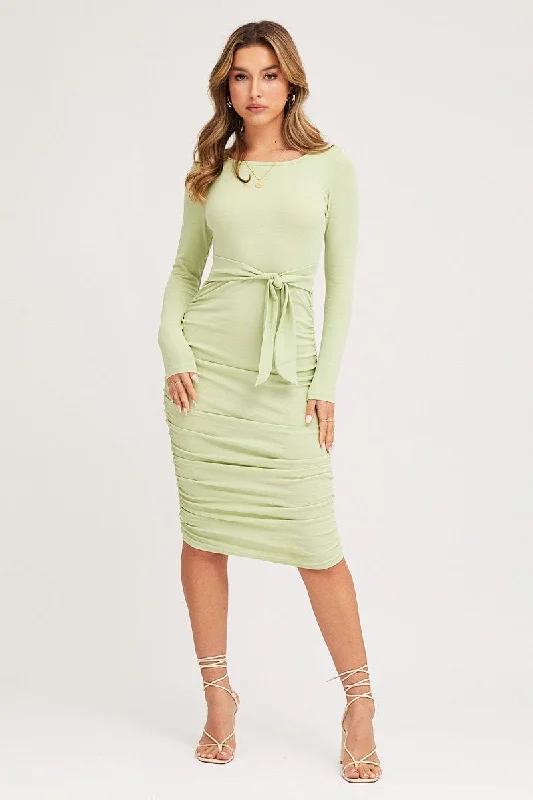 Green Bodycon Dress Long Sleeve Midi Ruched