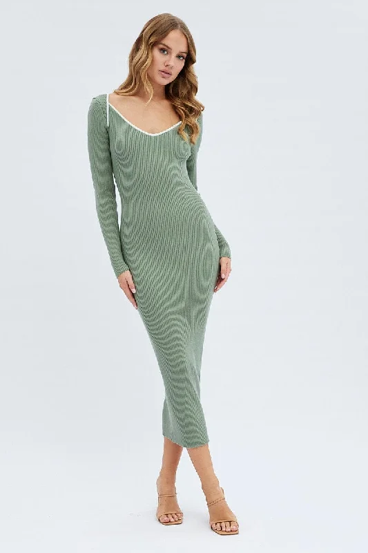 Green Midi Dress Long Sleeve Sweetheart Contrast Bind