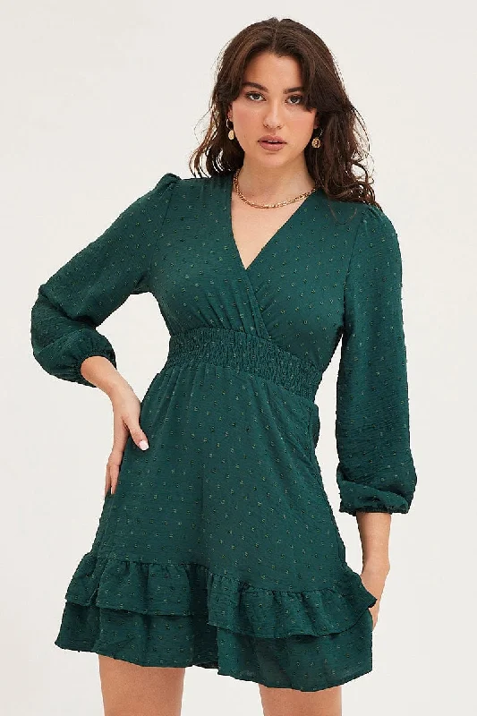 Green Skater Dress Long Sleeve Mini Knit