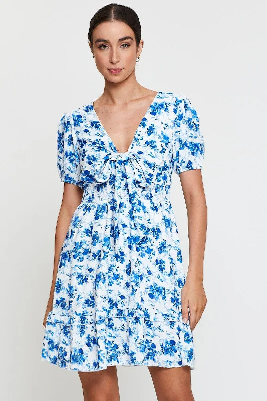 Print Mini Dress Short Sleeve V Neck Tie