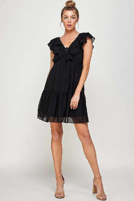 Short V Neck Ruffled Mini Dress