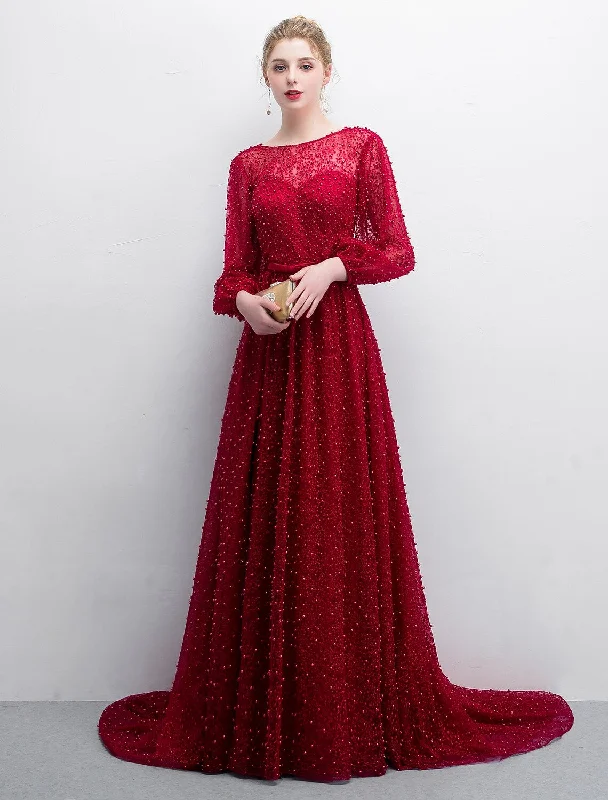 A-Line Evening Gown Elegant & Luxurious Dress Formal Evening Sweep / Brush Train Long Sleeve Boat Neck Lace with Sash / Ribbon Split Front