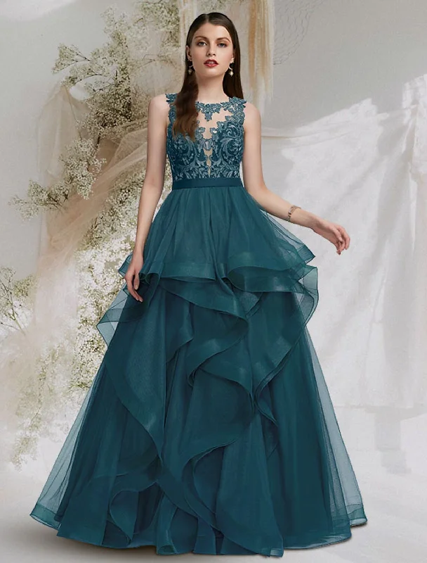 Ball Gown Cut Out Sexy Prom Formal Evening Dress Jewel Neck Sleeveless Floor Length Tulle with Lace Insert