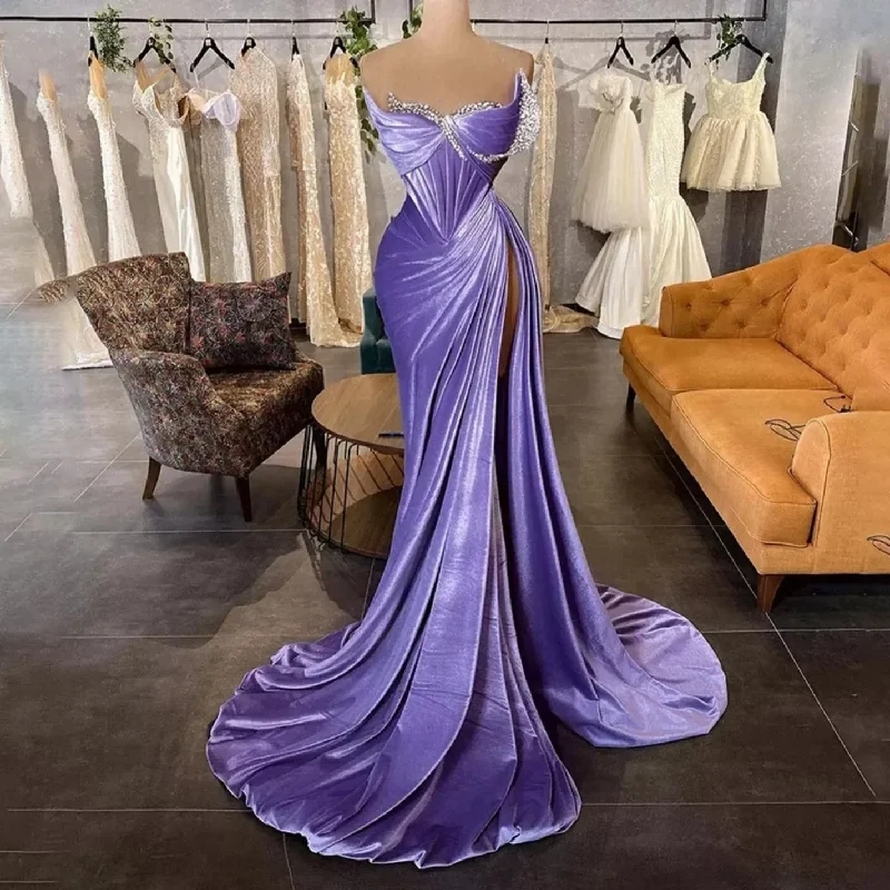 Lavender Velvet Prom Dresses Dubai Arabic Mermaid Women Party Gowns Pleated Sparkly Crystals High Split Sexy Formal Evening Gown