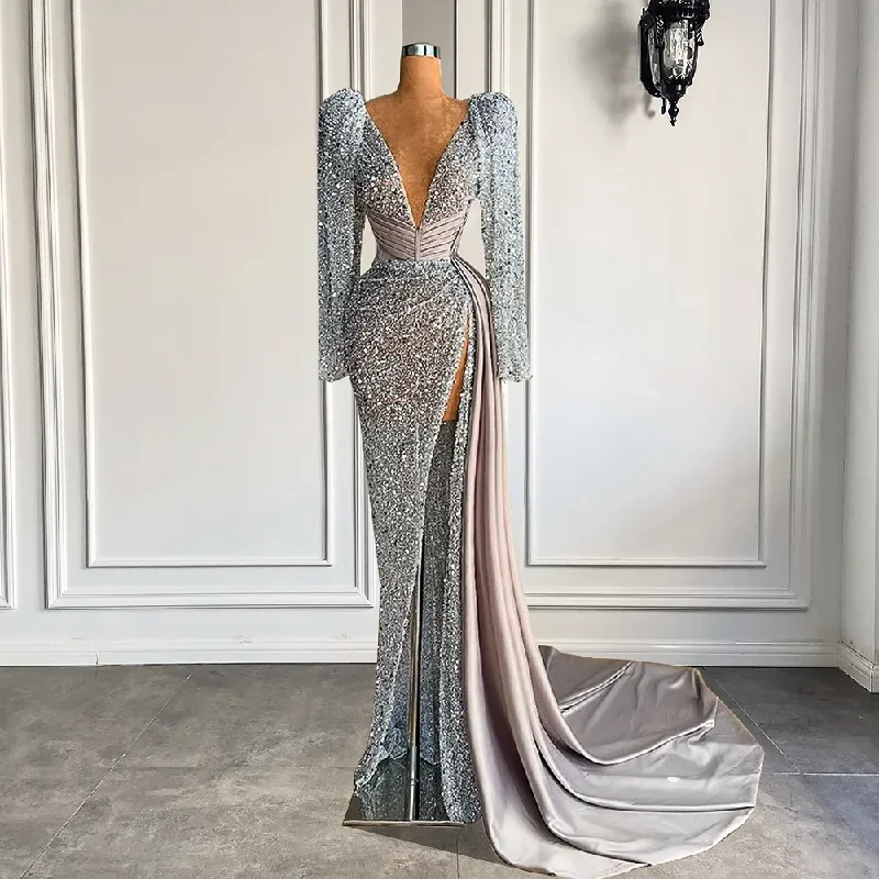 Long Sleeve Sexy Women Evening Dress V-neck Luxury Beaded Mermaid High Slit Silver Formal Evening Gowns