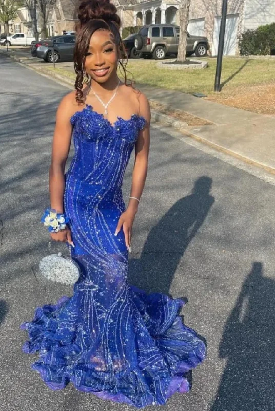 Royal Blue Mermaid Prom Dresses 2024 BlackGirl Rhinestone Birthday Party Outfit Sweetheart Sequin Backless robes de soirée