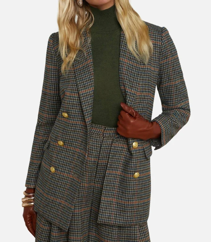 Aimee Boyfriend Blazer In Tan/teal Plaid