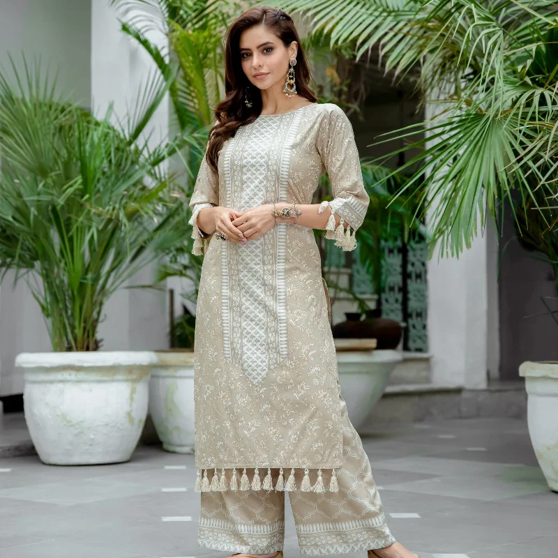 Beige Kurta Palazzo Co-ord Set with Tassel Details