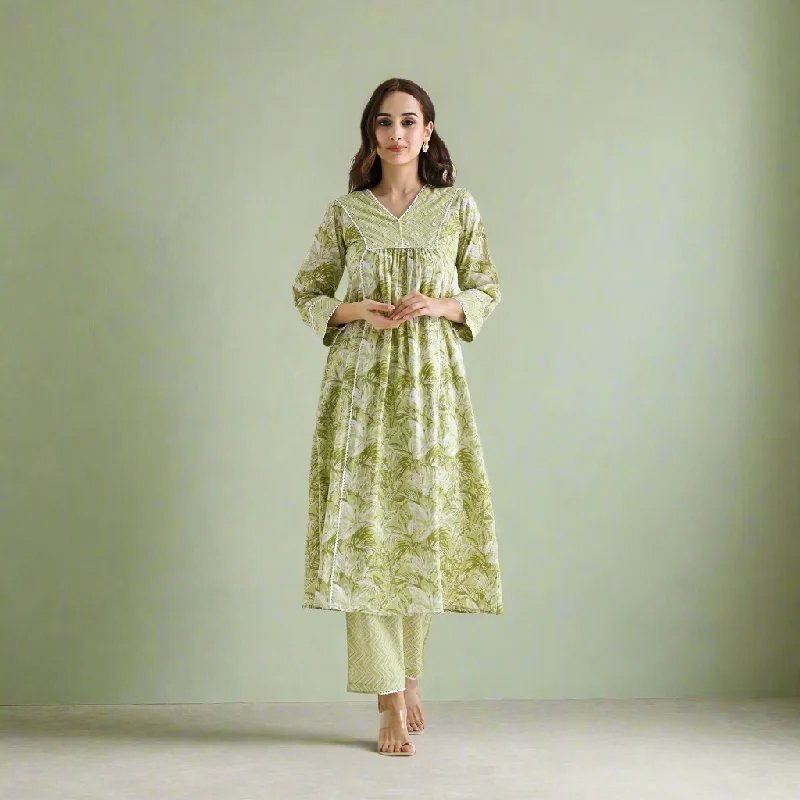 Lime Green Sanganeri Cotton Co-ord Set with Embroidery & Lace Details