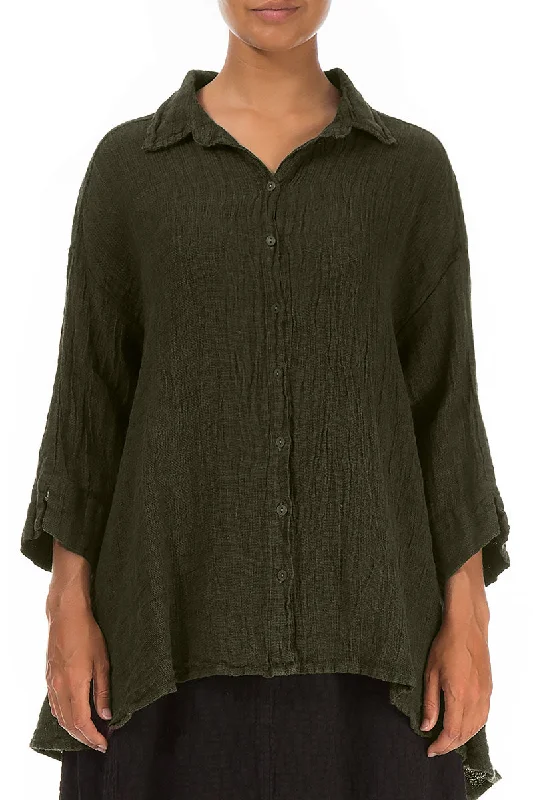 Loose Olive Mélange Linen Shirt