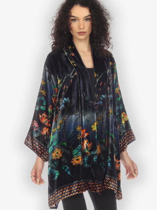 Lotus with Dragonfly Navy Velvet Kimono