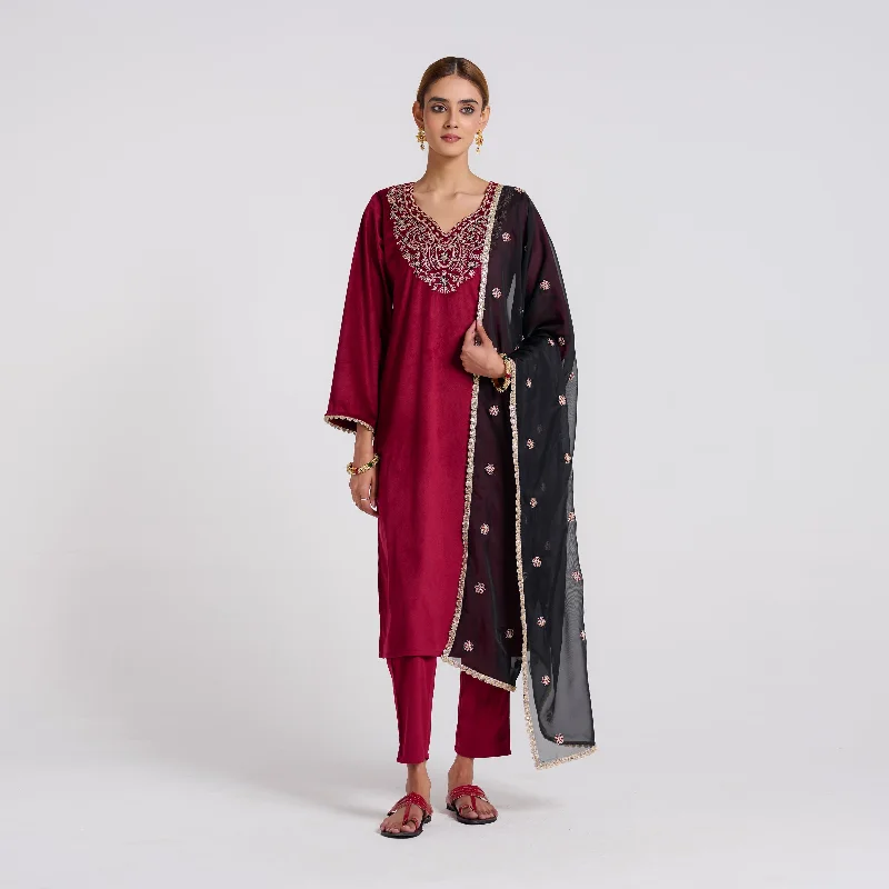 Maroon Blue Embroidered Amara Velvet Kurta Set with Dupatta