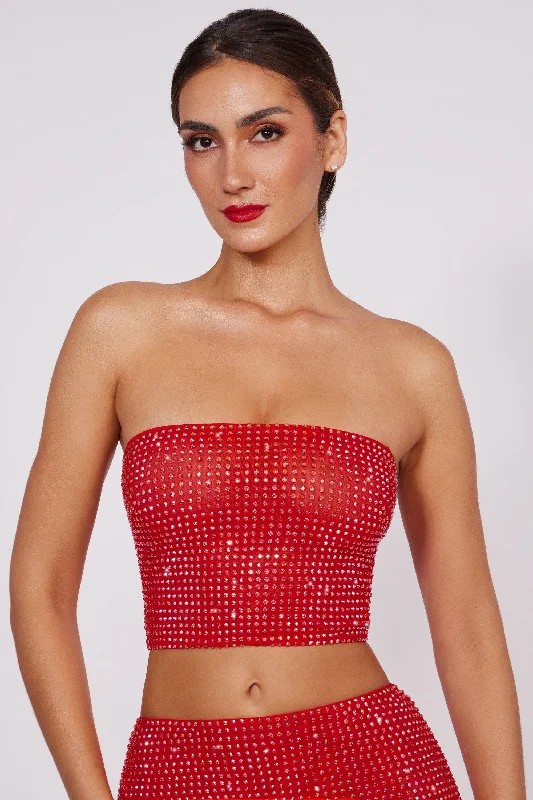 Embellished Strapless Crop Top in Fire Red