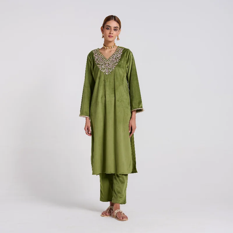 Olive Embroidered Amara Velvet Kurta Pant Set