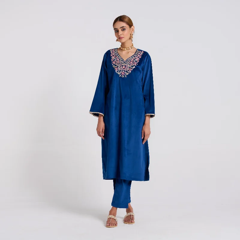 Royal Blue Embroidered Amara Velvet Kurta Pant Set