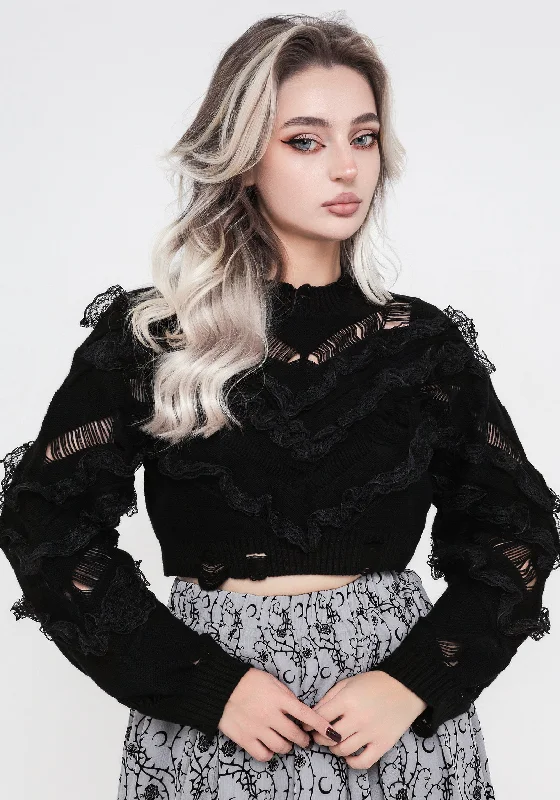 Volla Lace Ruffle Distressed Knit Crop Jumper